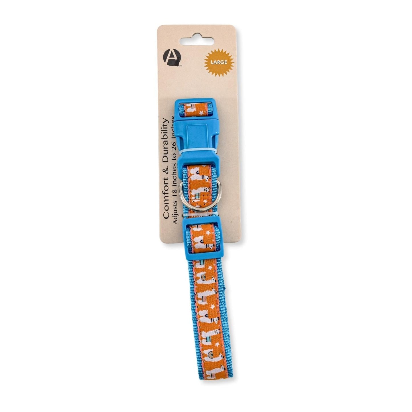 American Pet Supplies nylon dog collar with llama design in large size and blue trim