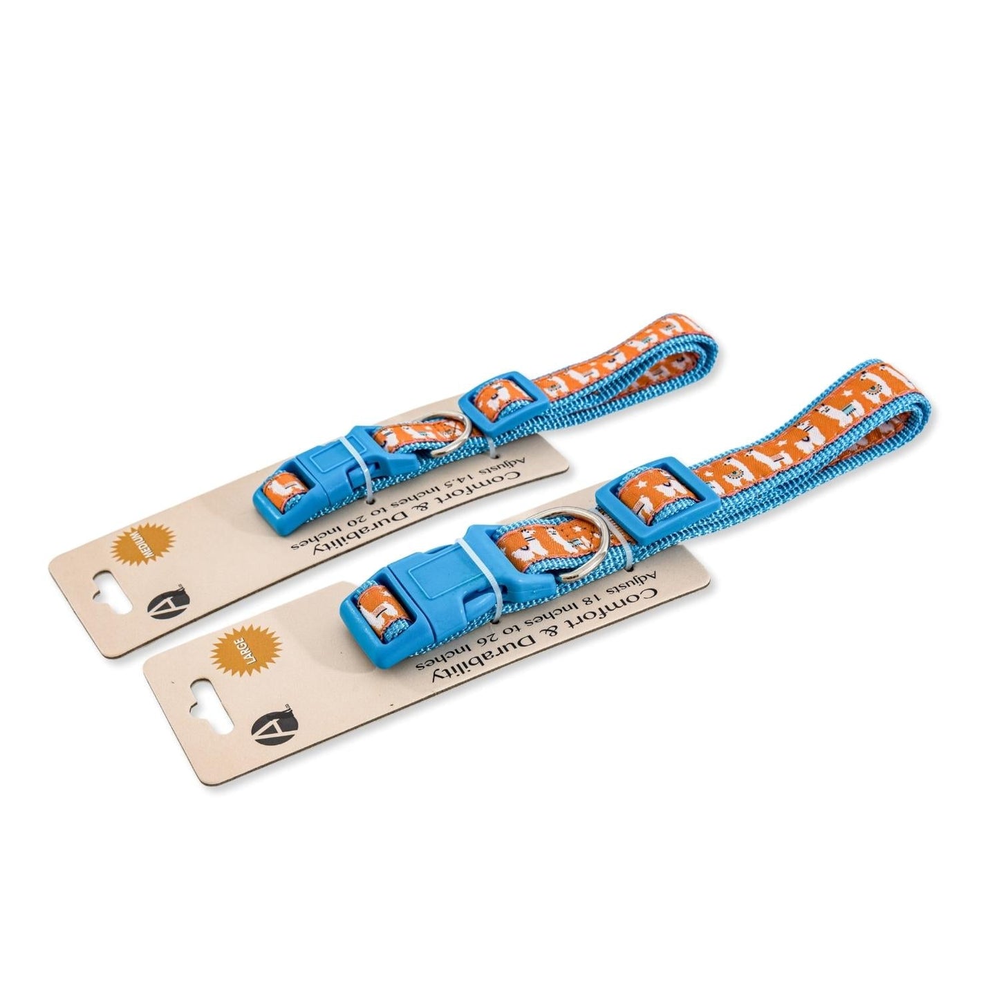 American Pet Supplies nylon dog collar with llama design in blue and orange for small dogs