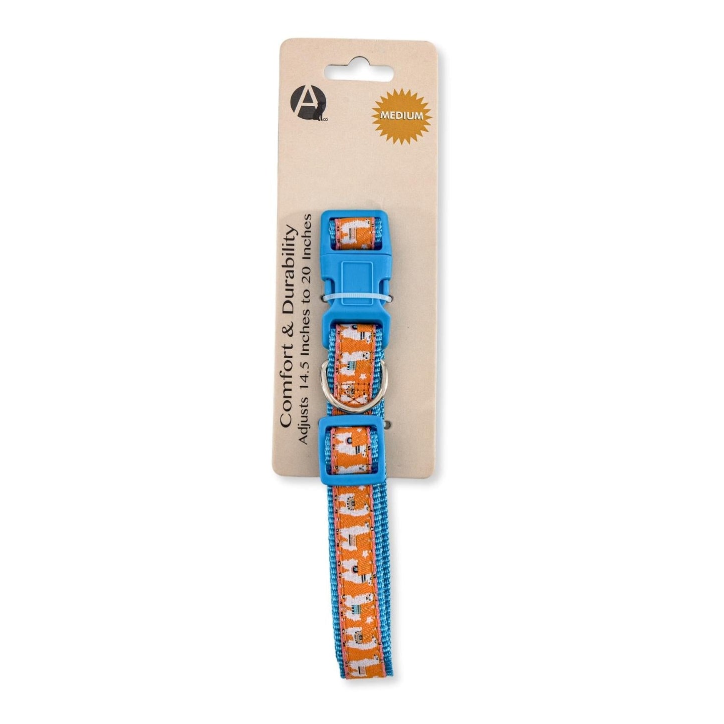 American Pet Supplies medium nylon dog collar with llama design in orange and blue