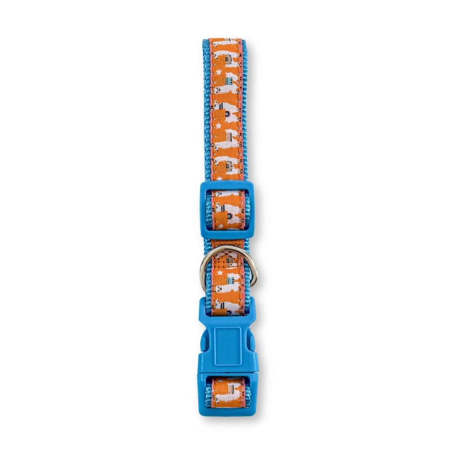 American Pet Supplies nylon dog collar with llama design in orange and blue adjustable buckle