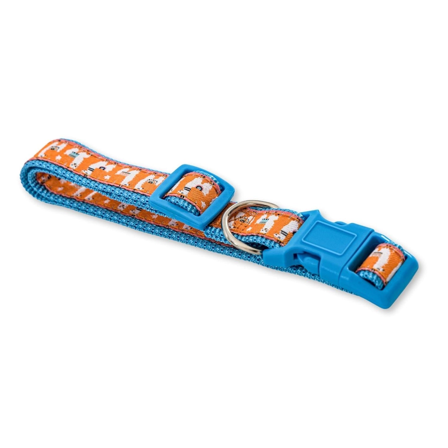 American Pet Supplies nylon dog collar with llama design in orange and blue with plastic buckle