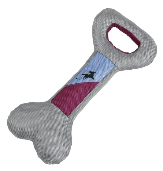 Gray and maroon nylon dog fetch toy shaped like a bone with a handle and dog graphic