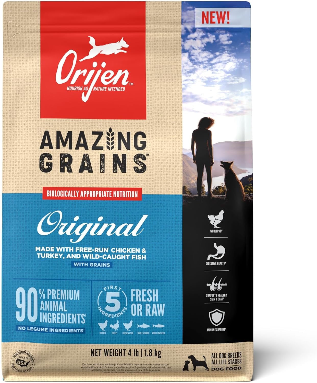 Orijen Amazing Grains dog food original recipe with fresh chicken turkey and fish 4 lb bag
