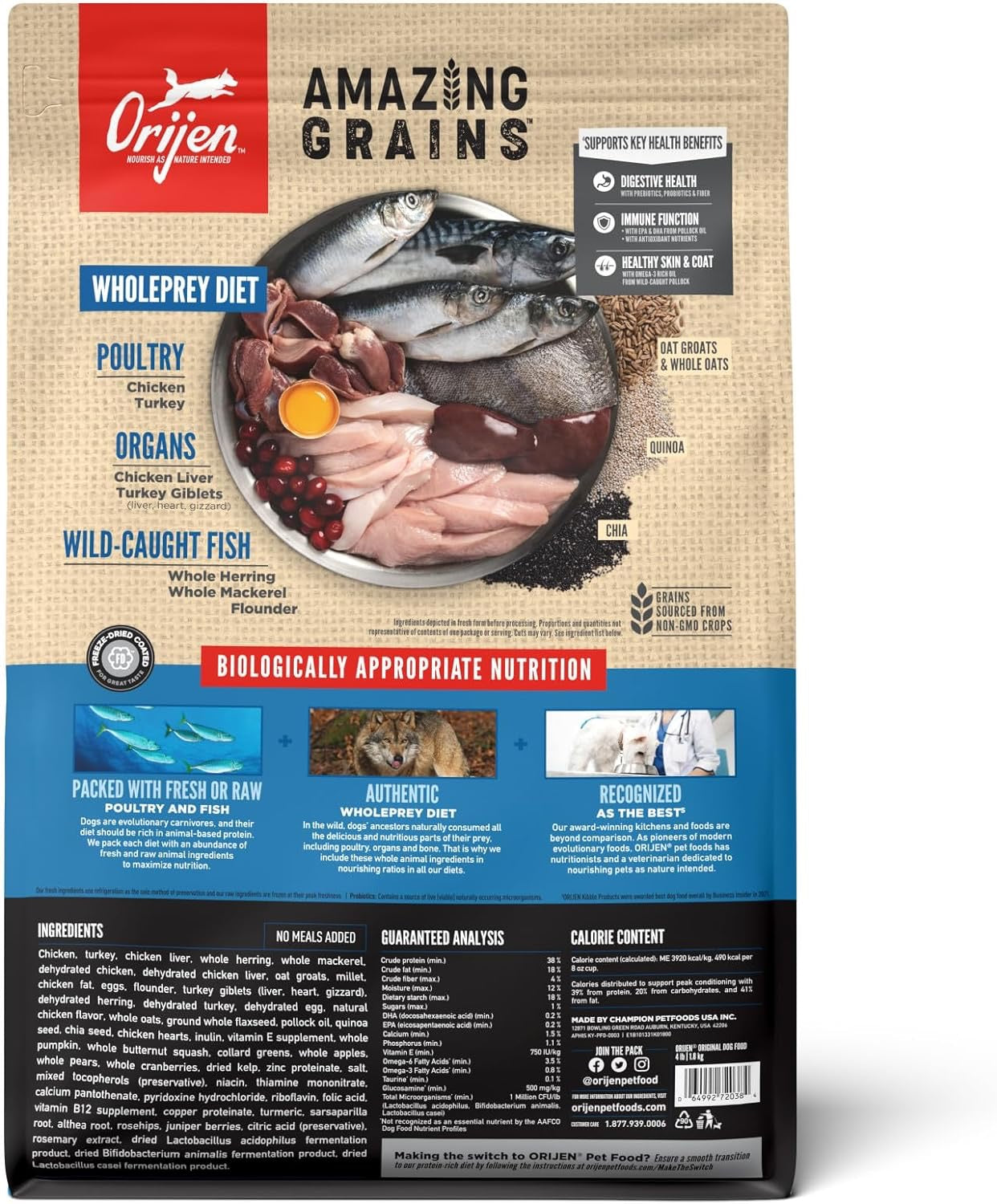 Orijen Amazing Grains dog food dry wholeprey diet with poultry organs and wild caught fish