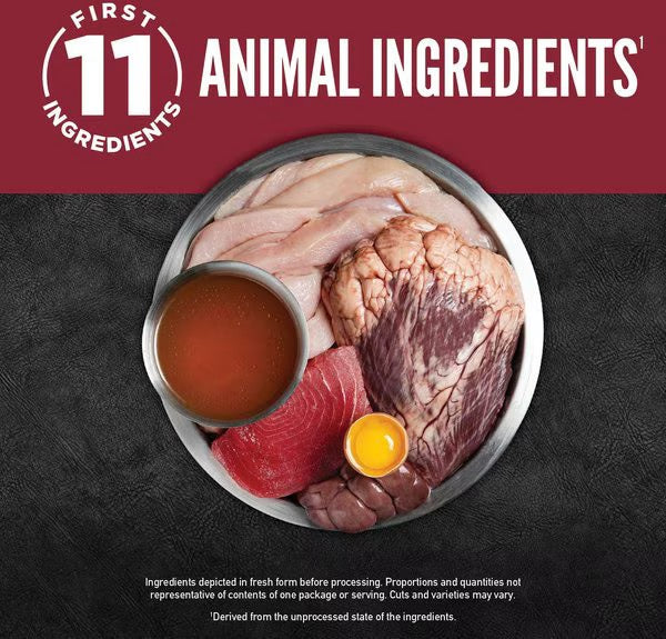The Family Pet grain free wet cat food with 11 animal ingredients including meat, liver, and egg yolk