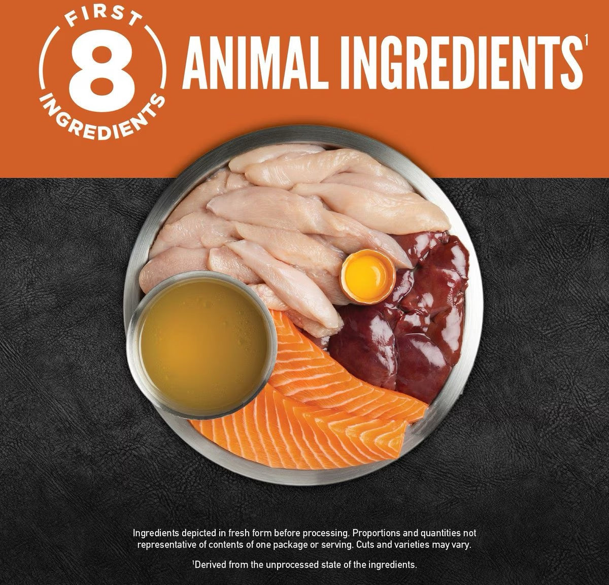 Plate showing first 8 animal ingredients including chicken, salmon, liver, and broth for grain free wet cat food by The Family Pet