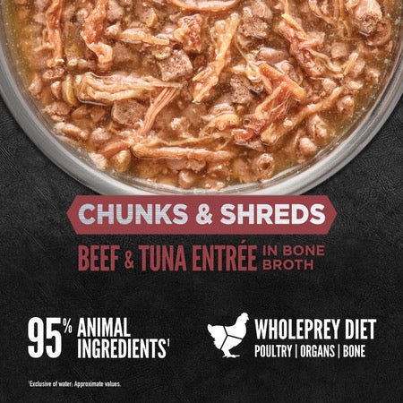 The Family Pet grain free wet cat food with beef and tuna chunks and shreds in bone broth