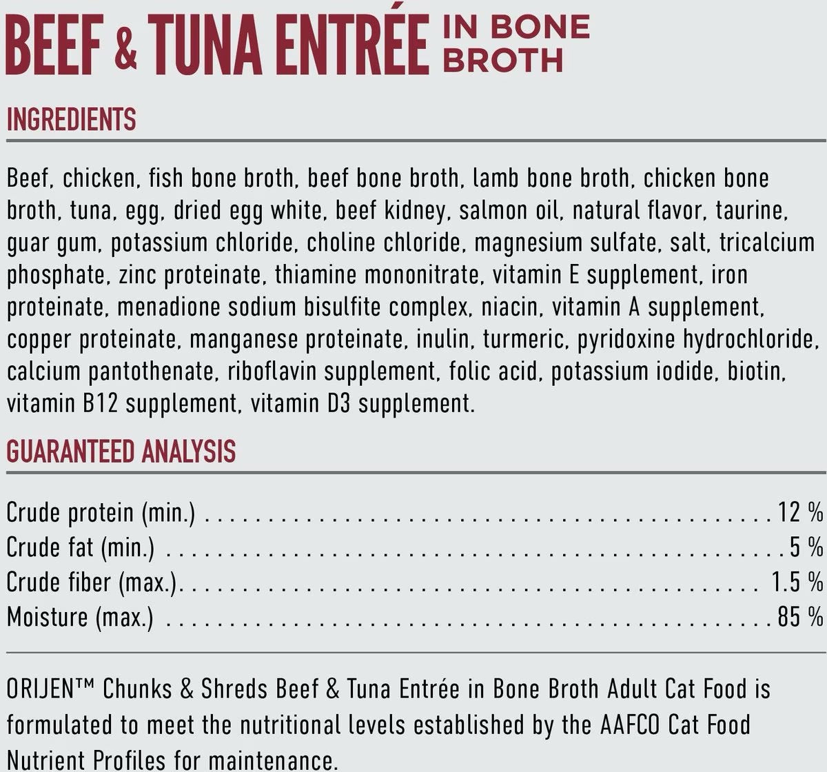 The Family Pet grain free wet cat food beef and tuna entrée in bone broth with natural ingredients