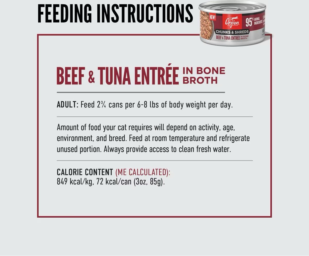 Feeding instructions for The Family Pet grain free wet cat food beef and tuna entrée in bone broth