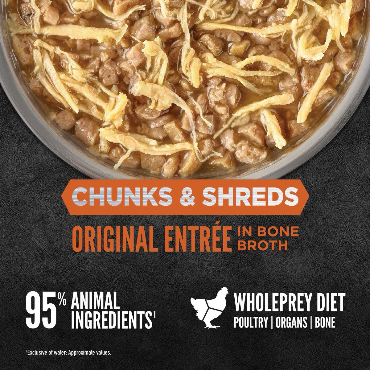The Family Pet grain free wet cat food chunks and shreds original entree in bone broth with 95 percent animal ingredients
