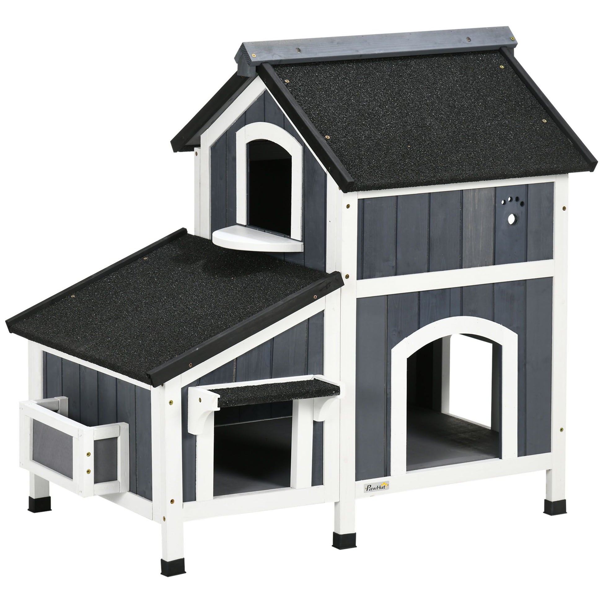 Outdoor cat house with flower pot design in black and white wood for pets