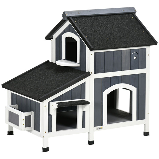 Outdoor cat house with flower pot design in black and white wood for pets