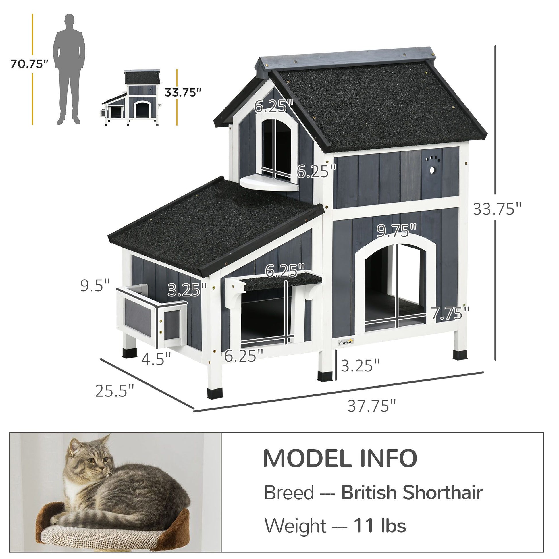 Outdoor cat house with flower pot in gray and white by PawCounter.com with detailed dimensions
