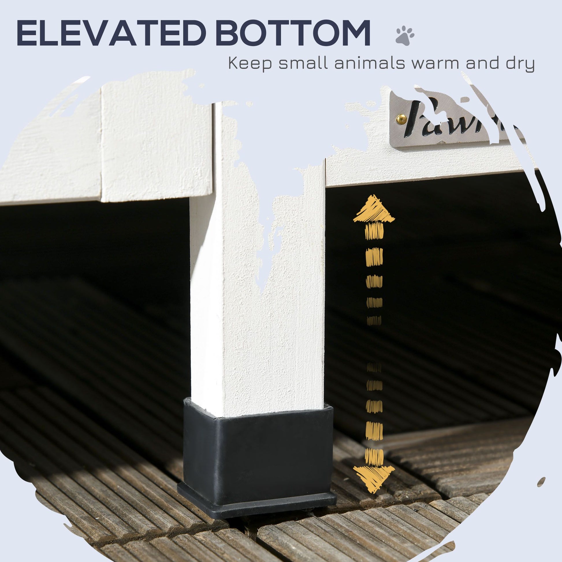 Elevated bottom feature of outdoor cat house with flower pot keeps small animals warm and dry on wooden deck