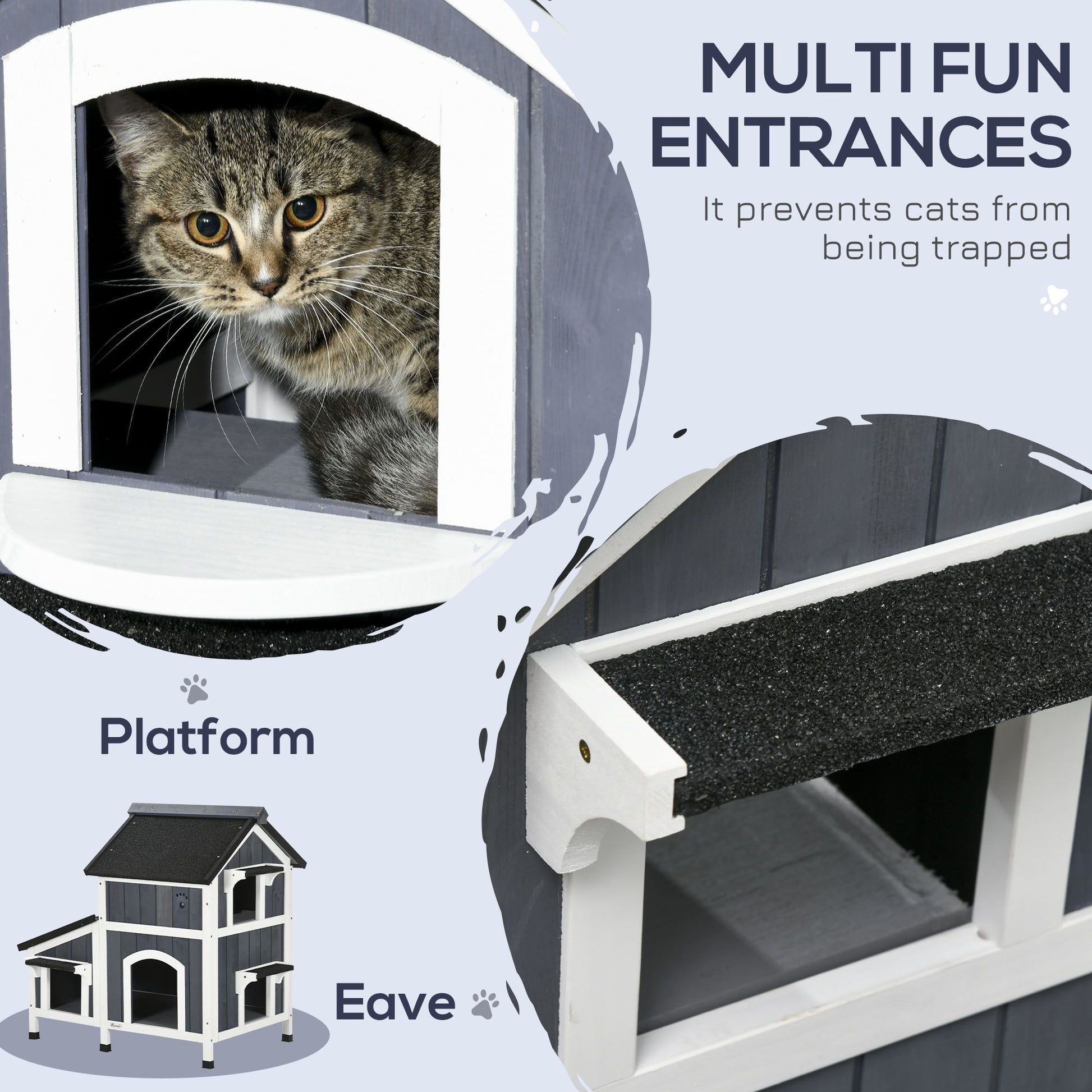 Outdoor cat house with flower pot featuring multi fun entrances and platform for cats