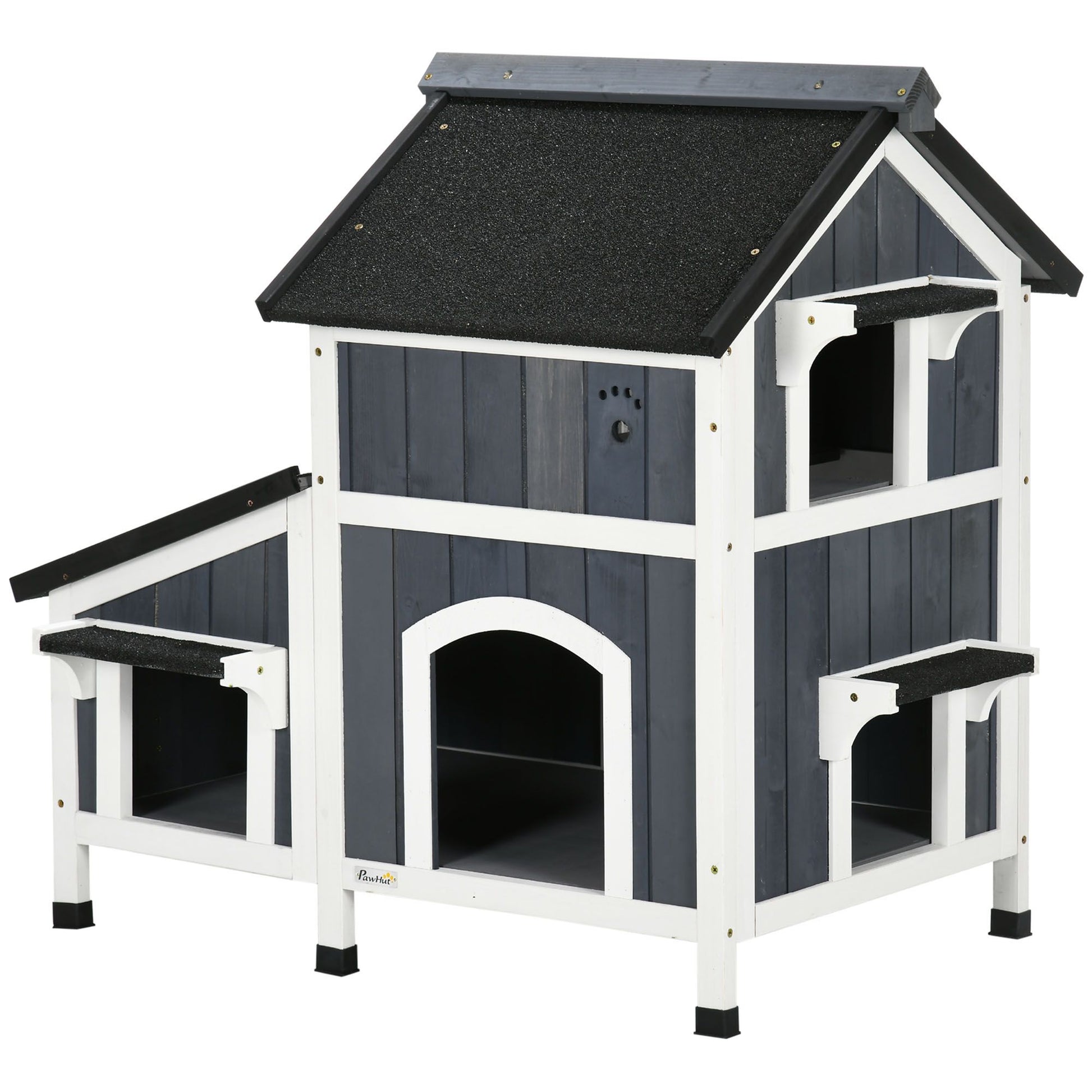 Outdoor cat house with flower pot style design in black and white wood for pets