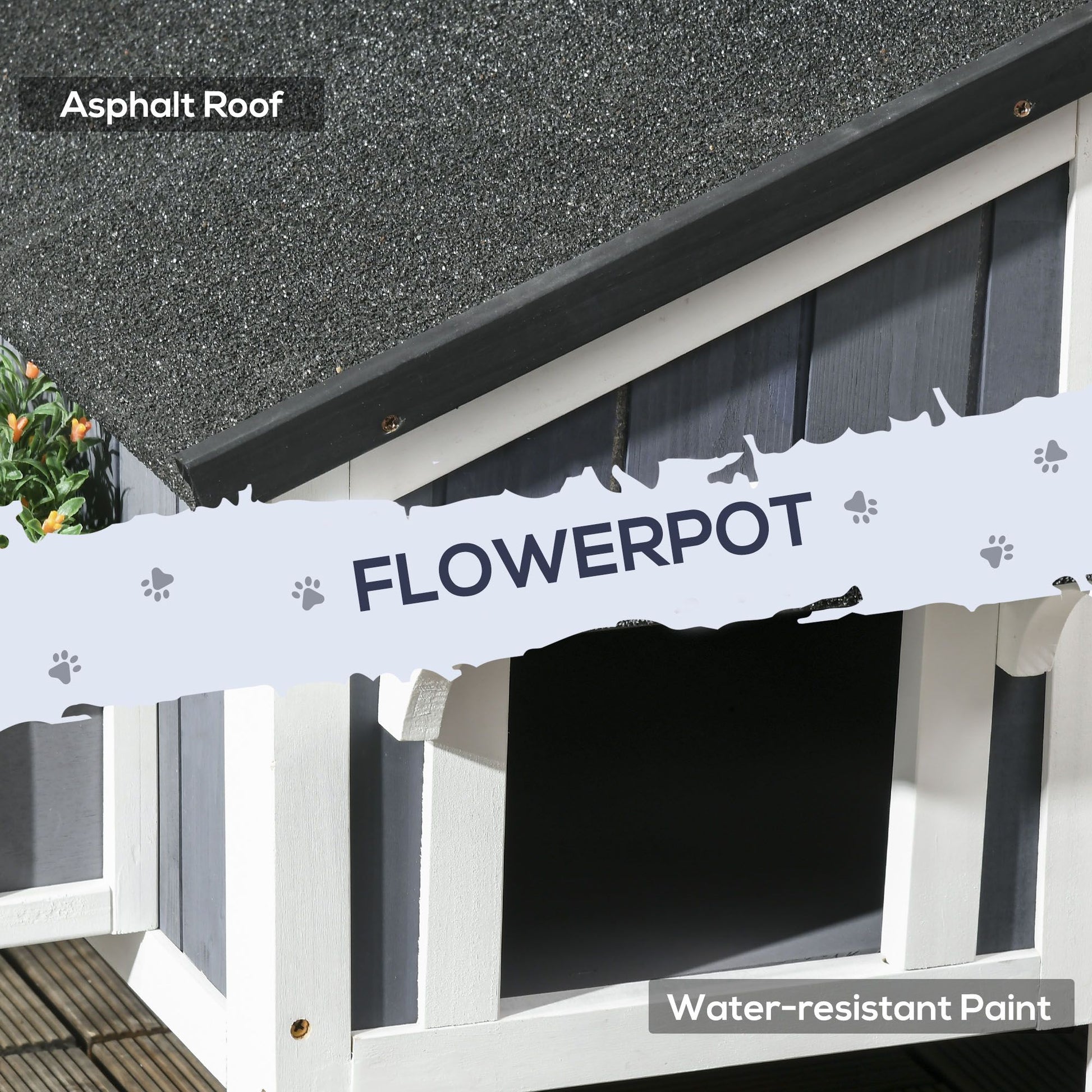 Outdoor cat house with flower pot featuring asphalt roof and water-resistant paint by PawCounter.com