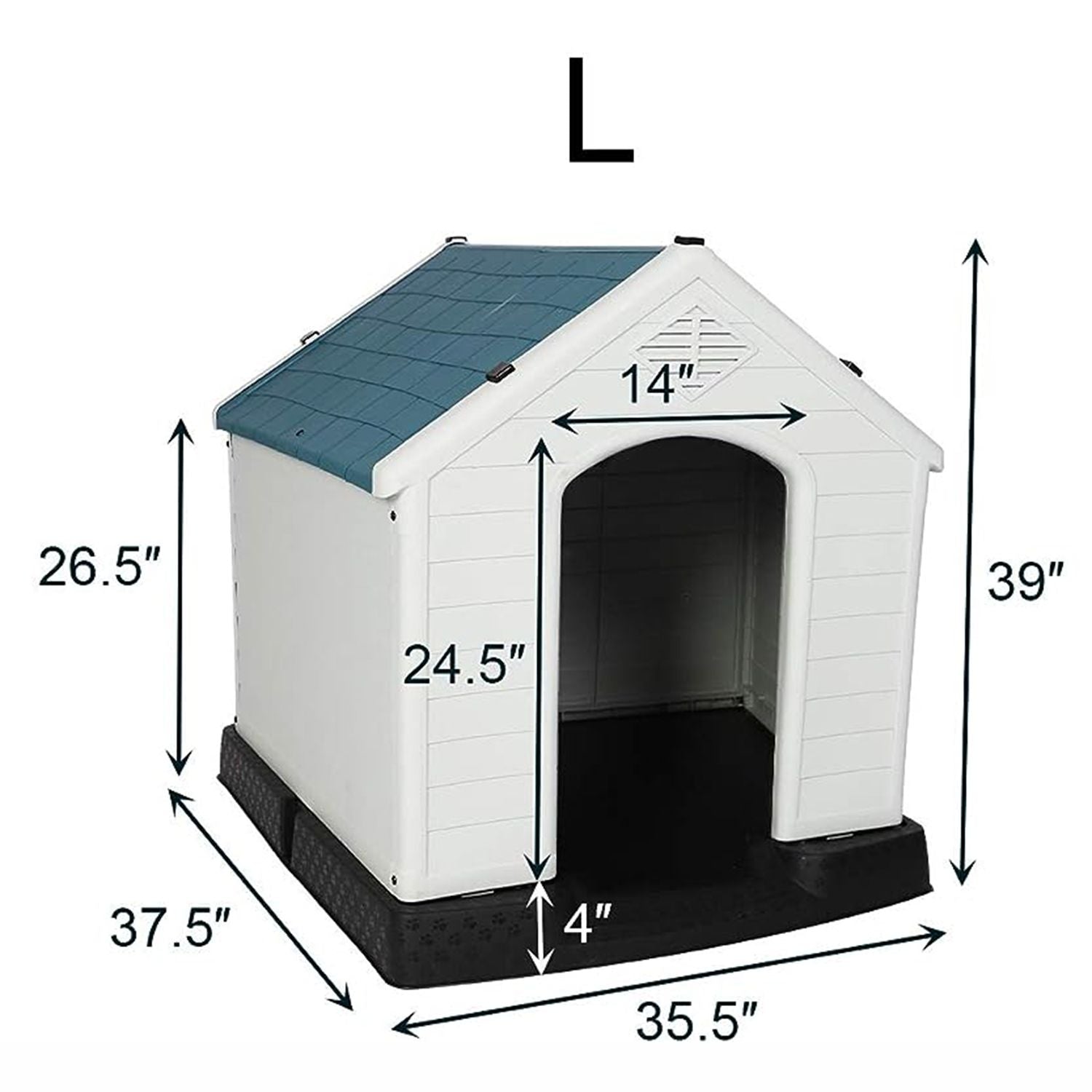 White outdoor dog house weatherproof with blue roof and detailed dimensions from PawCounter.com