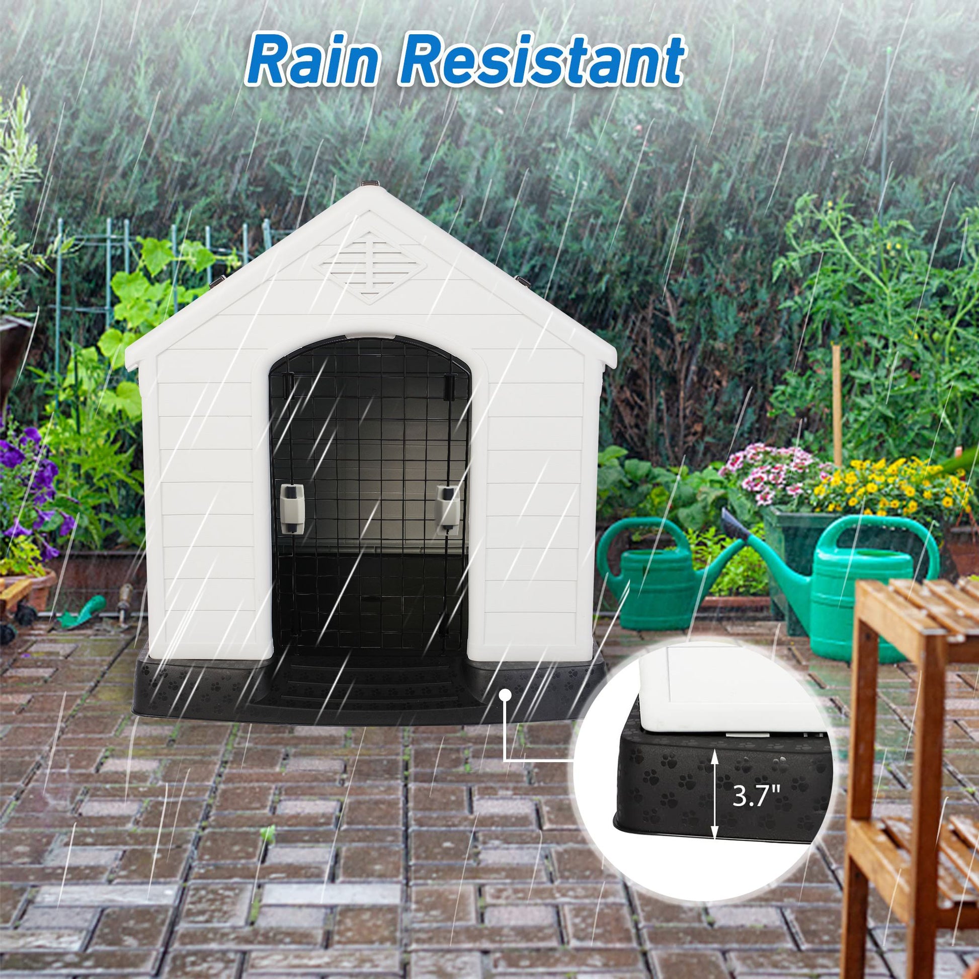 Outdoor dog house weatherproof and rain resistant with raised base to keep dry in garden