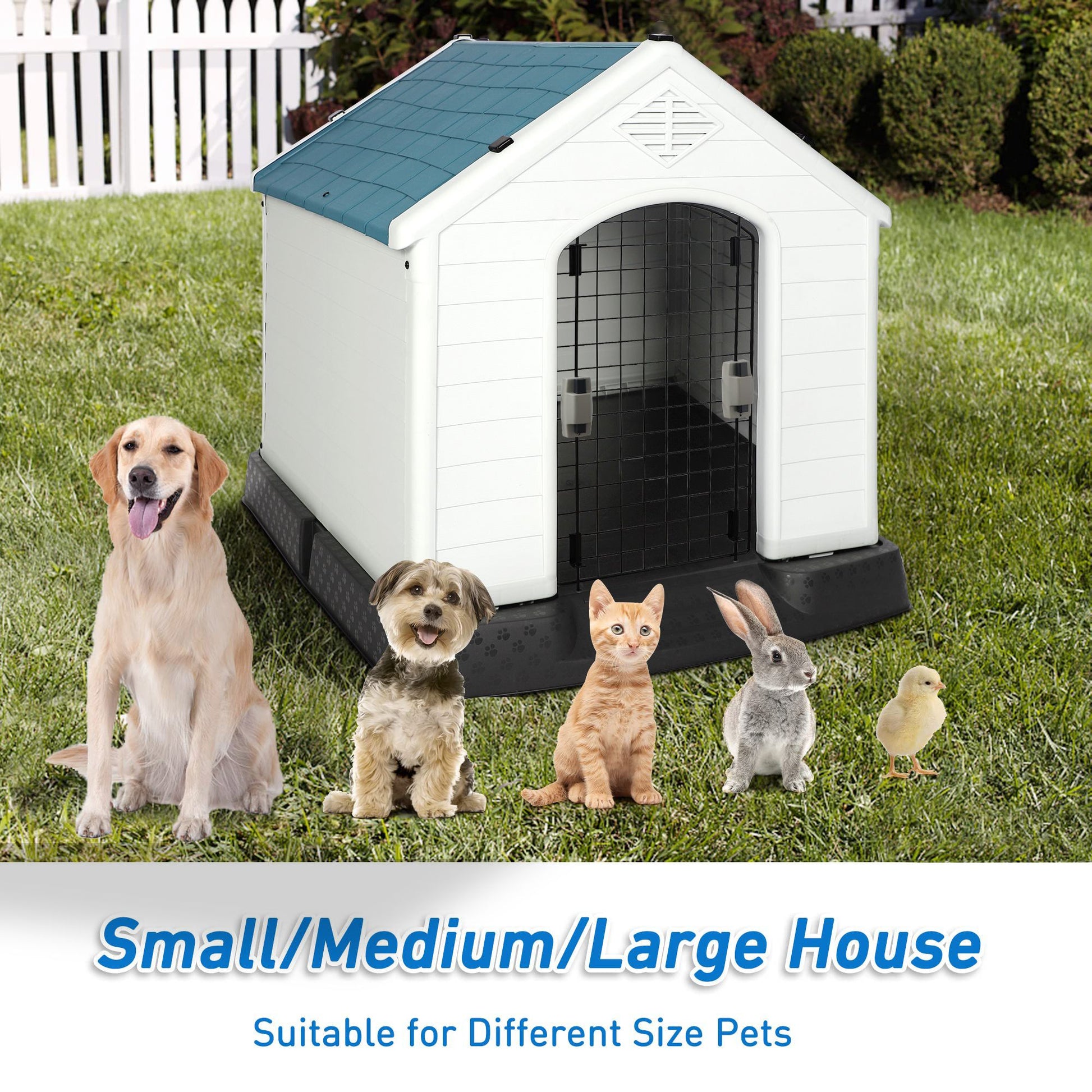 Outdoor dog house weatherproof white plastic pet shelter with blue roof on grass surrounded by dog cat rabbit and chick