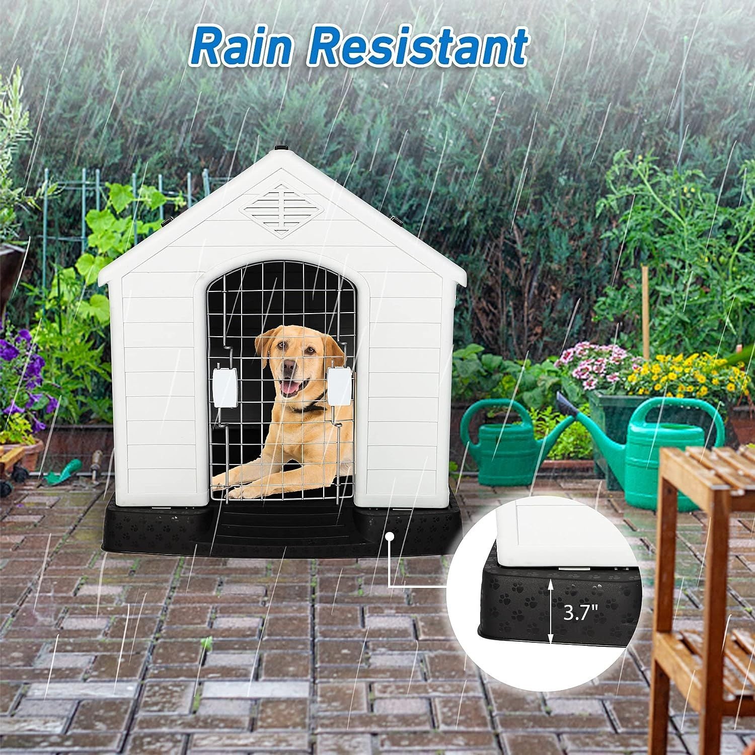 Outdoor dog house weatherproof with rain resistance and raised base featuring a happy dog inside