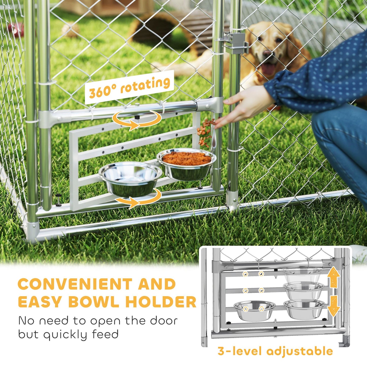 Outdoor dog kennel with cover featuring 360 degree rotating adjustable bowl holder for easy feeding