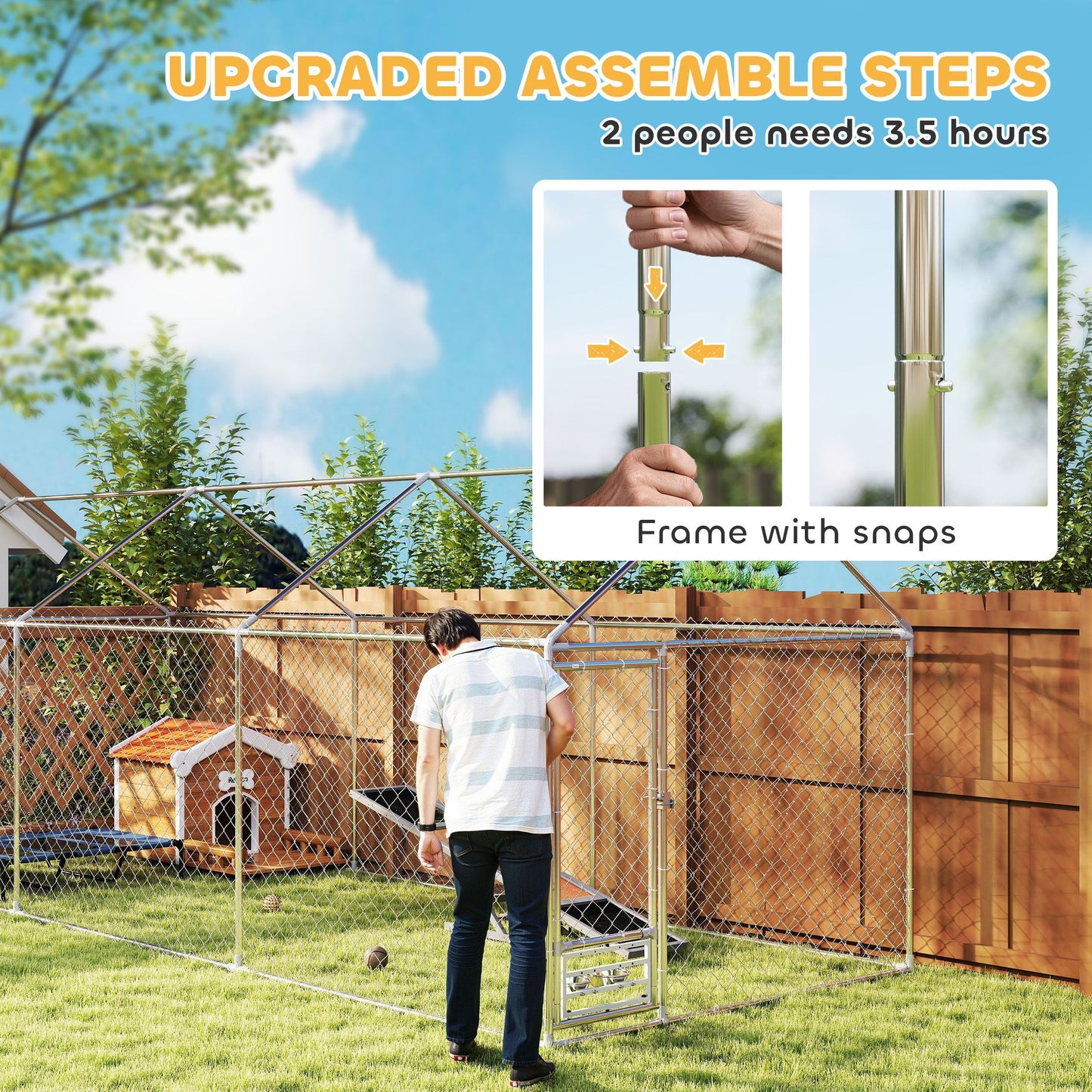 Outdoor dog kennel with cover metal frame assembly showing snaps and man installing in backyard