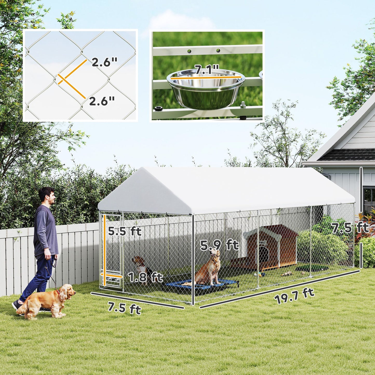 Large outdoor dog kennel with cover from PawCounter.com featuring metal frame and secure chain-link fencing