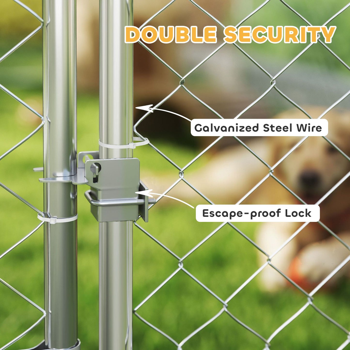 Close-up of outdoor dog kennel with cover showing galvanized steel wire and escape-proof lock for double security