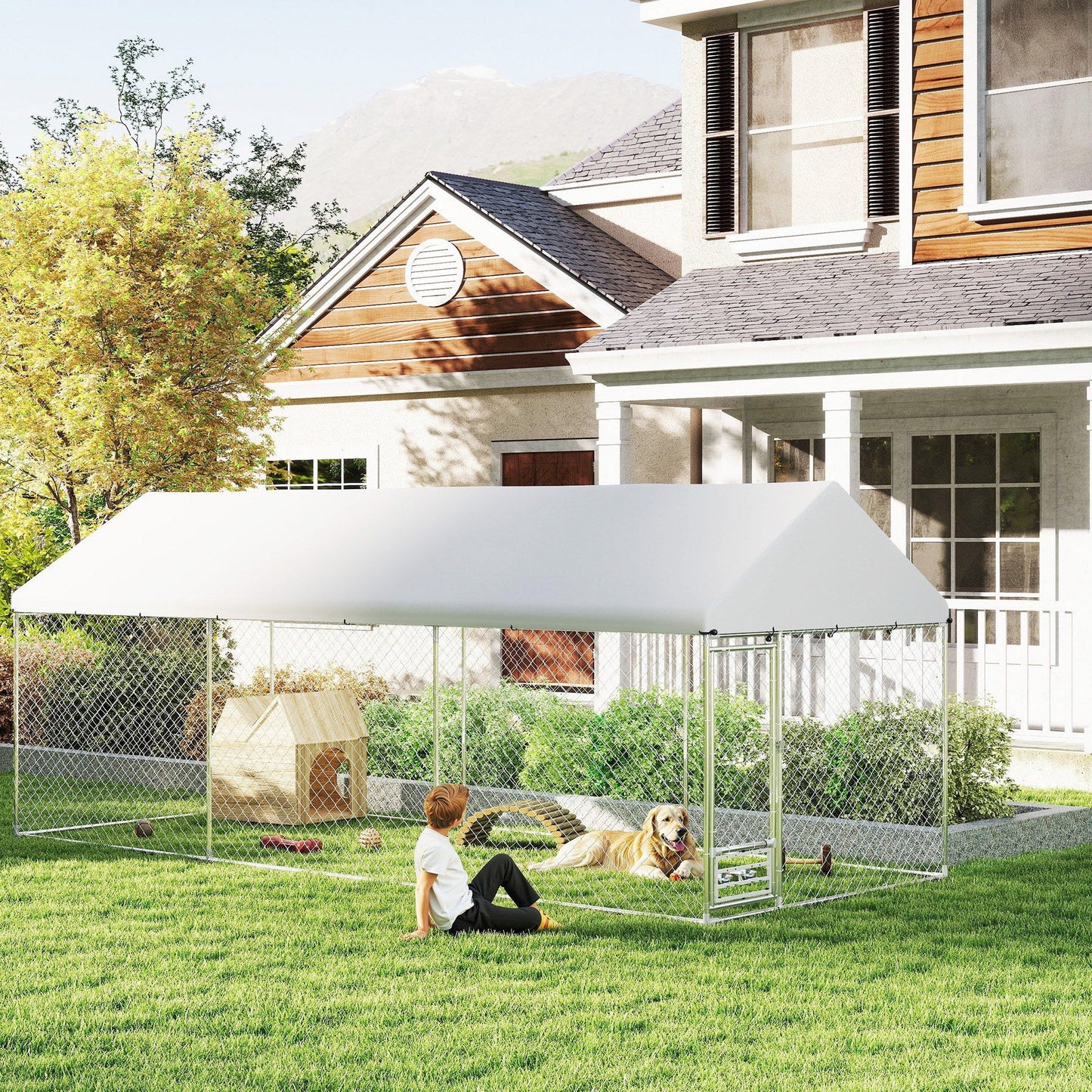 Outdoor dog kennel with cover and metal frame in backyard with child and dog inside