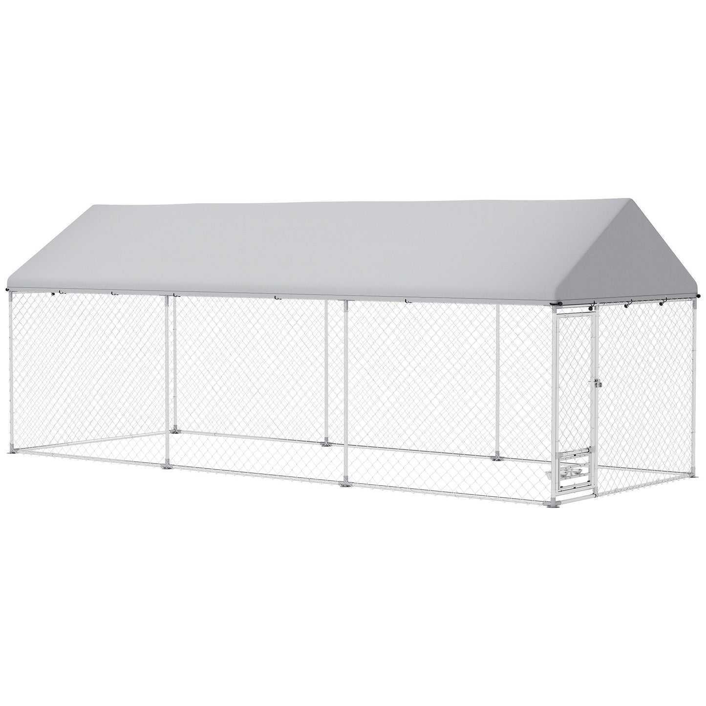 Large outdoor dog kennel with cover featuring a metal frame and a gray roof for pet protection