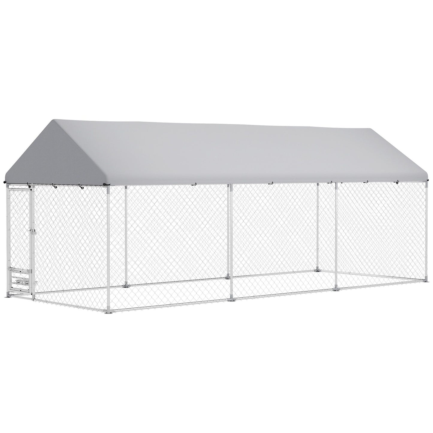 Large outdoor dog kennel with cover made of metal frame and gray waterproof roof