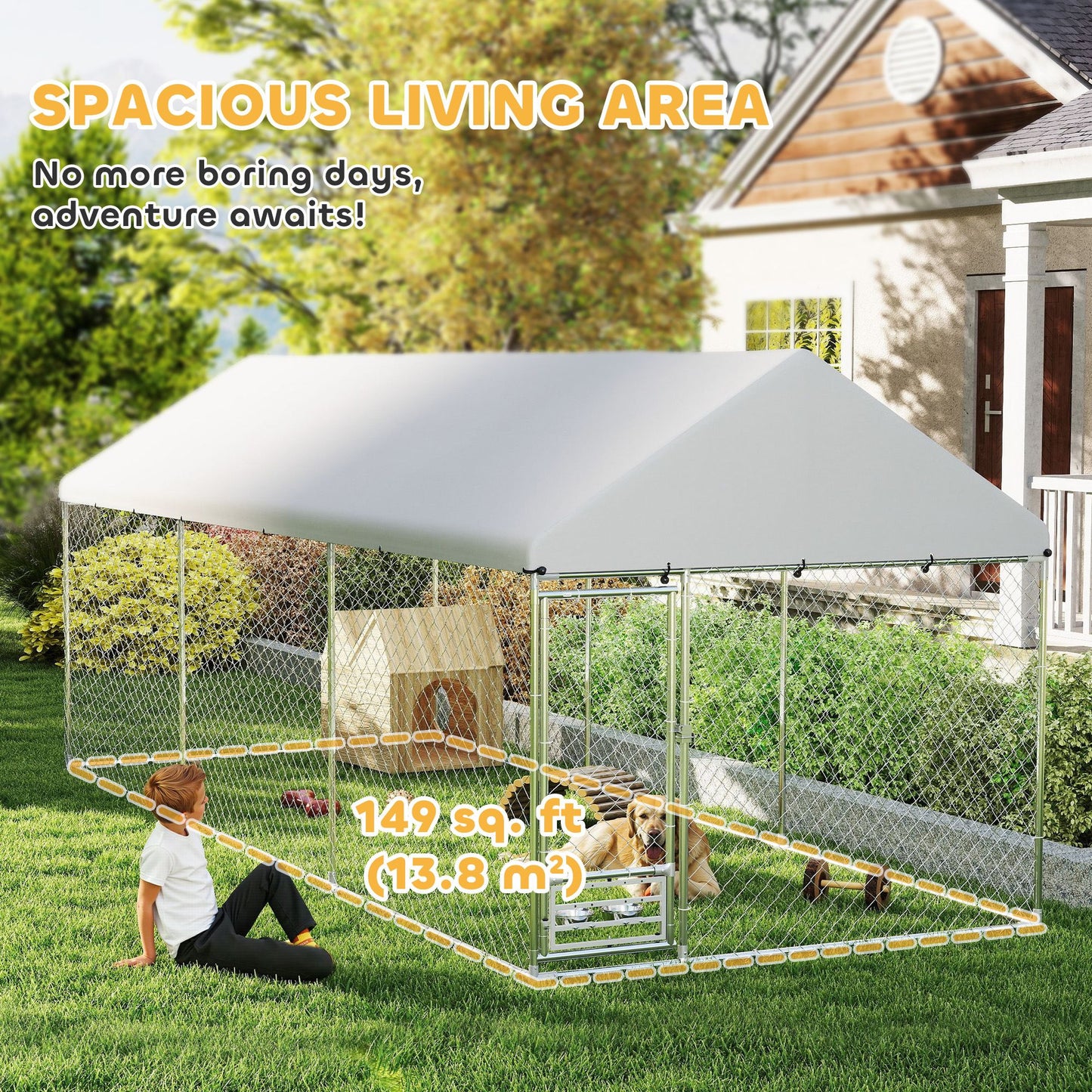 Outdoor dog kennel with cover and spacious 149 sq ft area featuring a white canopy and chain-link fence