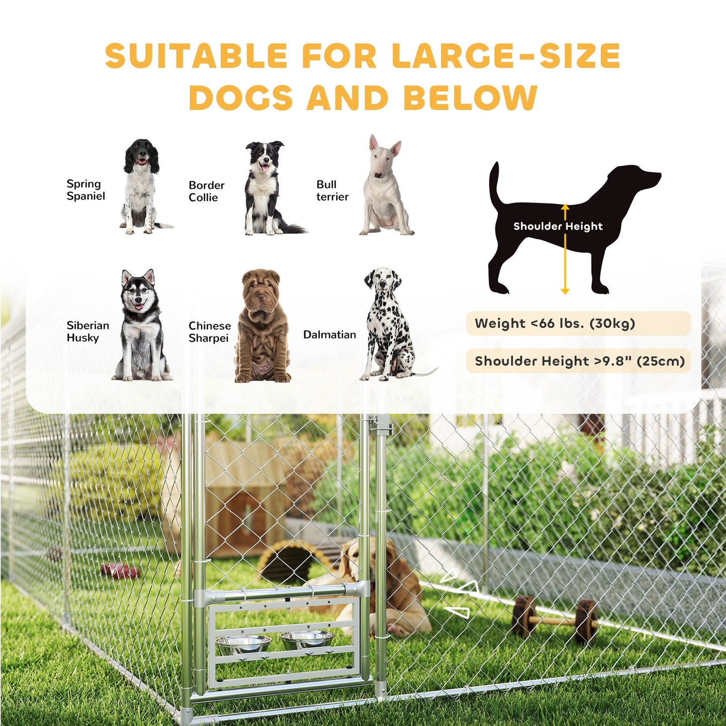 Outdoor dog kennel with cover suitable for large dogs up to 66 lbs with chain link fencing and secure gate
