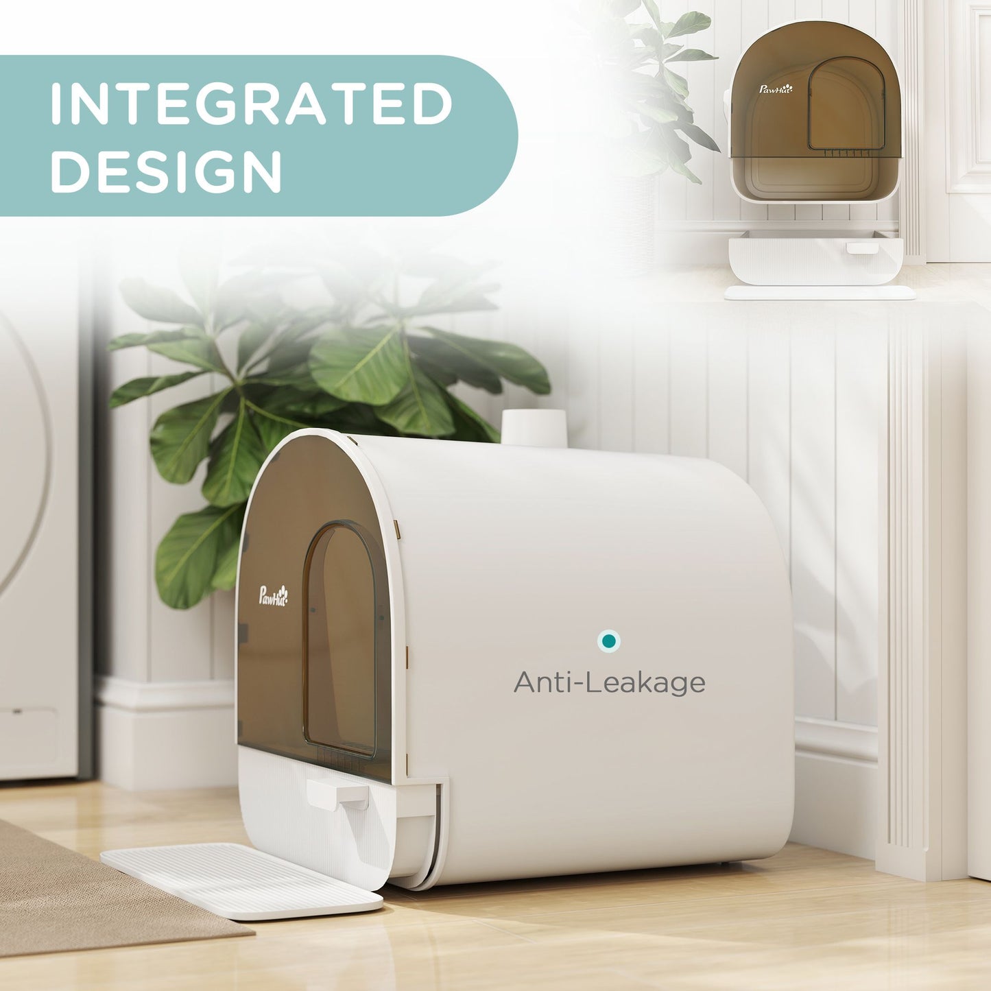 Covered cat litter box with lid in white with integrated design and anti-leakage feature by PawCounter.com