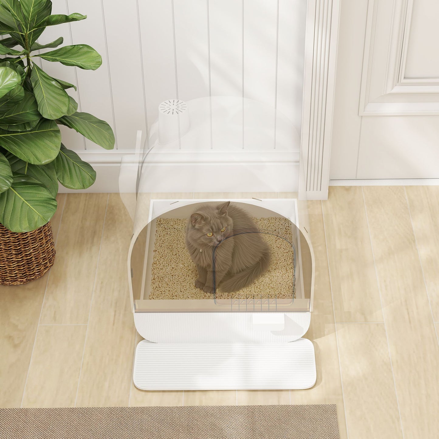 Covered cat litter box with lid in white housing a gray cat inside on wooden floor next to green plant
