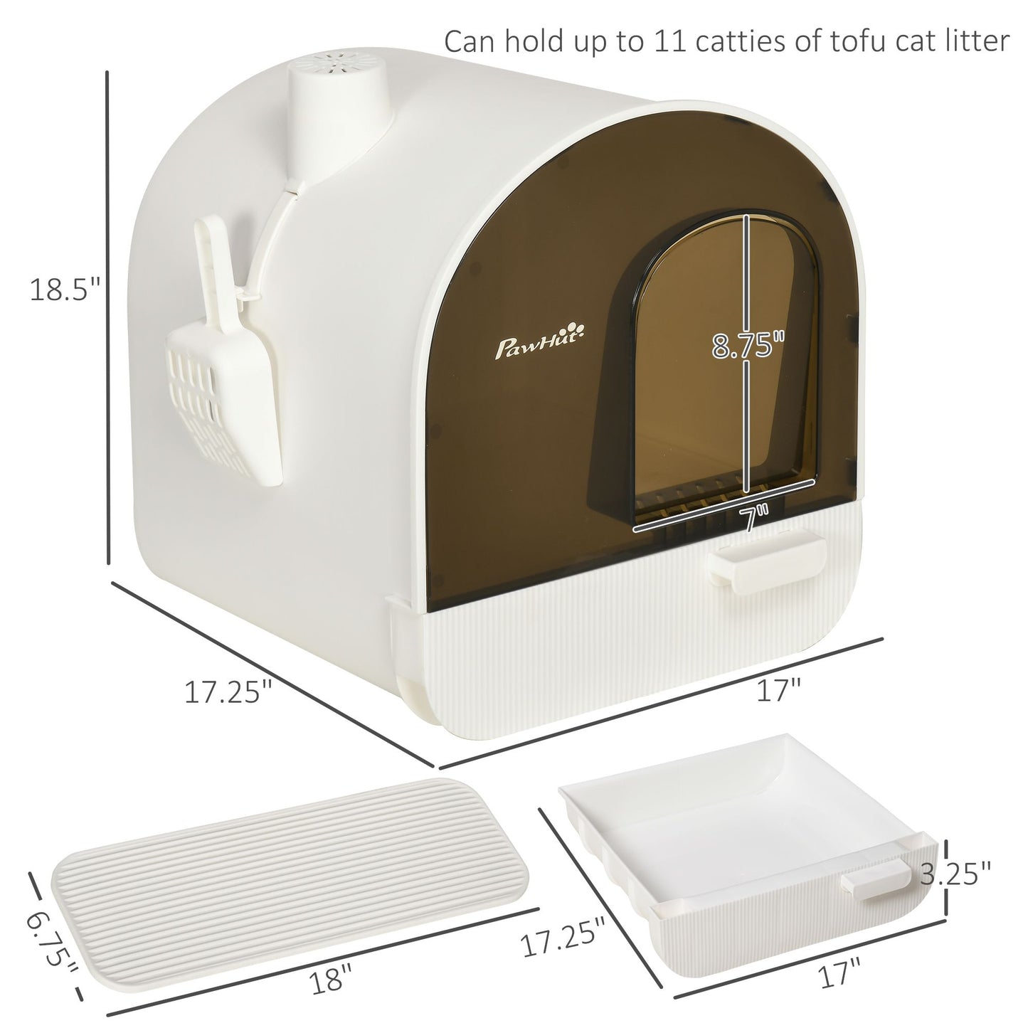 Covered cat litter box with lid in white and brown by PawCounter.com with scoop and dimensions