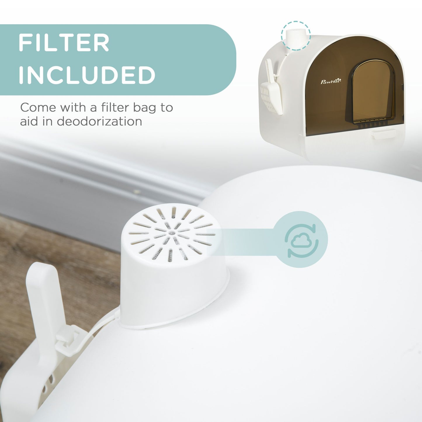Covered cat litter box with lid showing deodorizing filter included for odor control