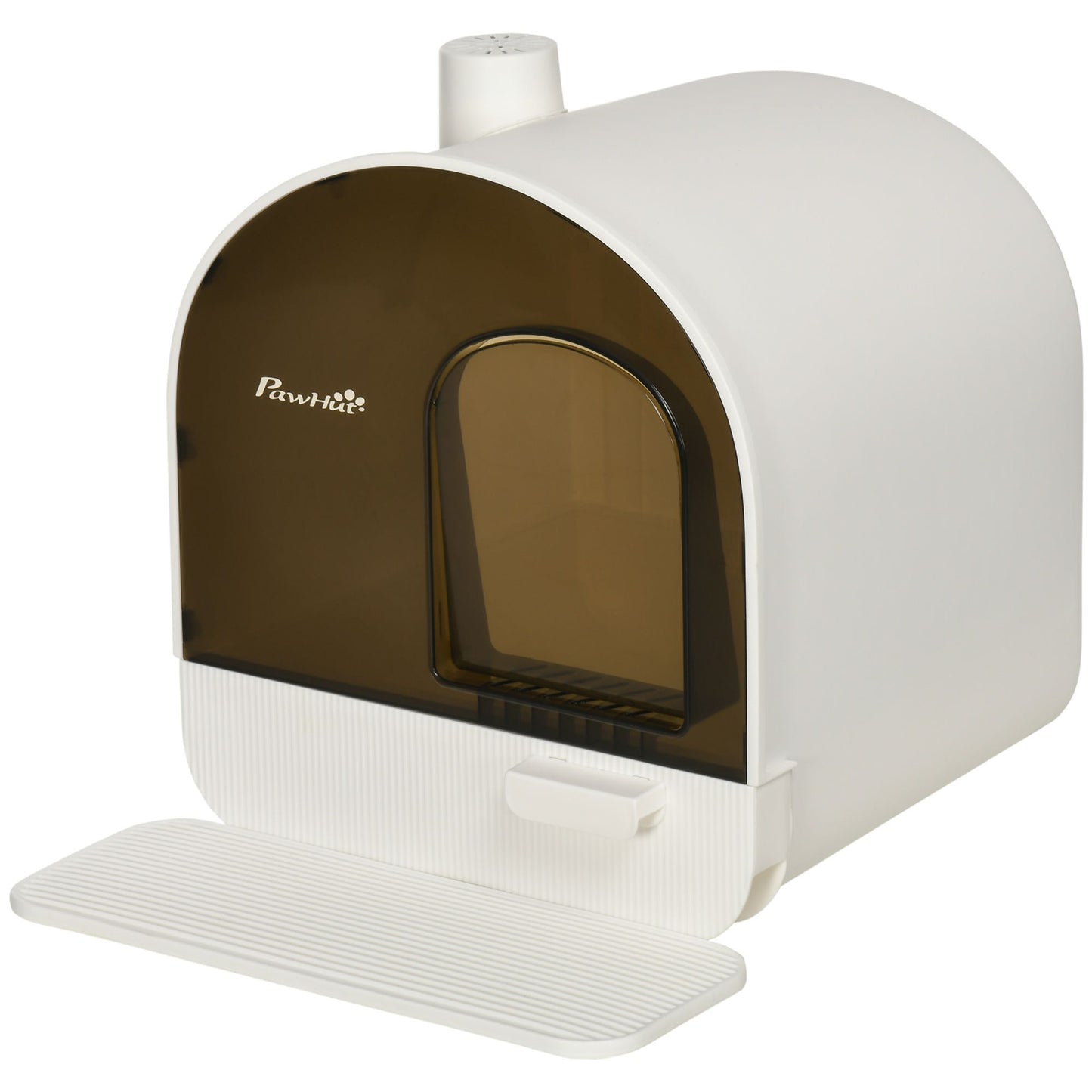 Covered cat litter box with lid in white and brown with front door and ventilation from PawCounter.com