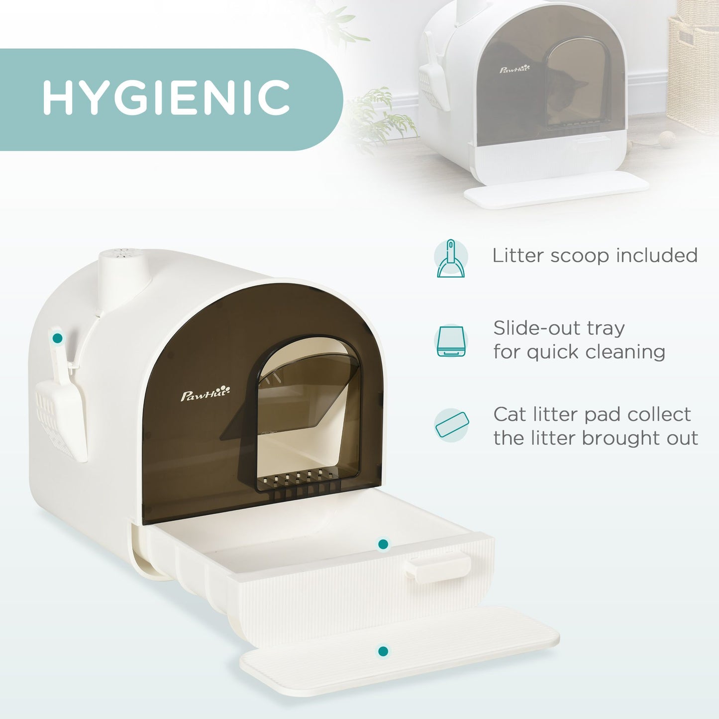 PawCounter.com covered cat litter box with lid featuring slide-out tray scoop and litter pad for easy cleaning