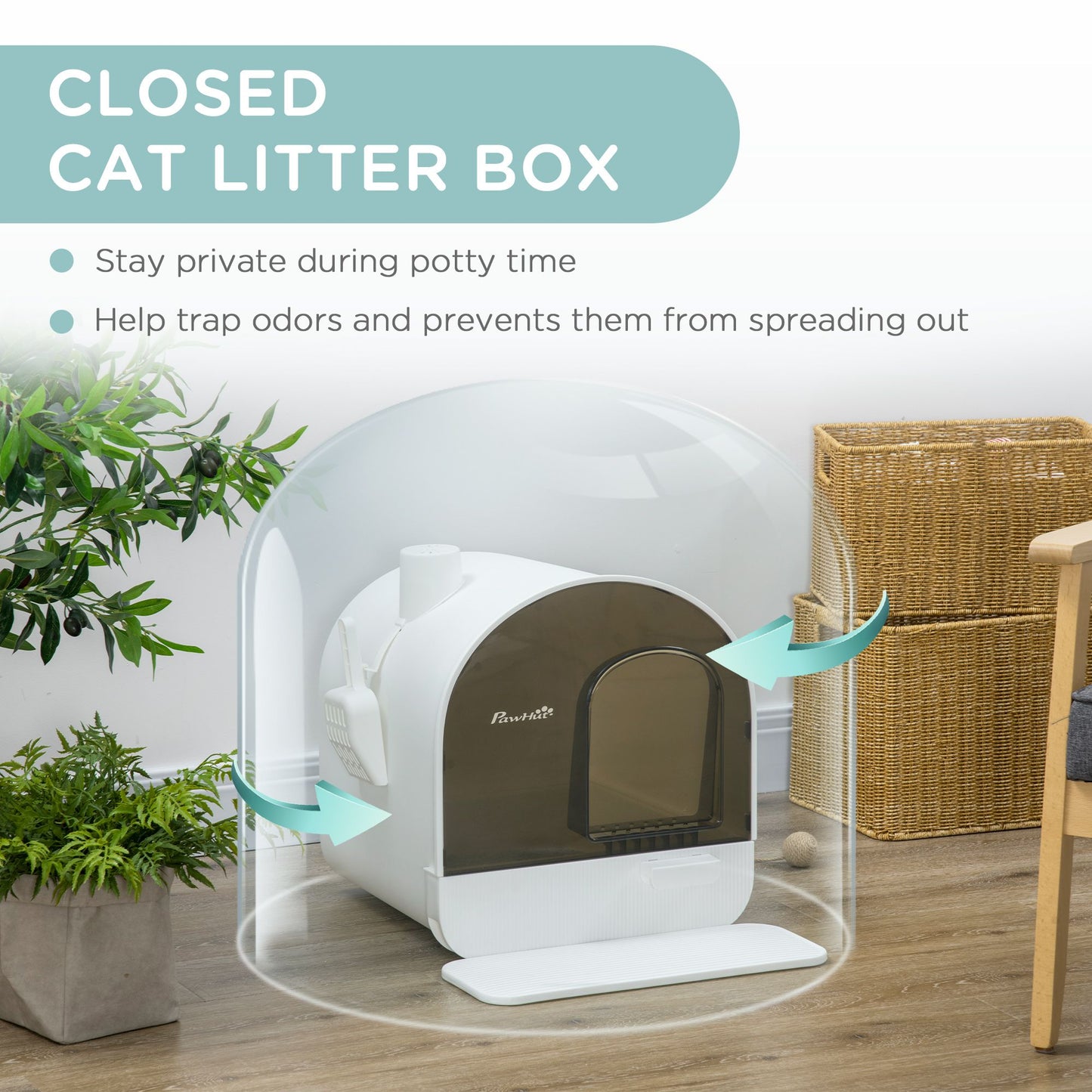 Covered cat litter box with lid in modern home setting for odor control and privacy