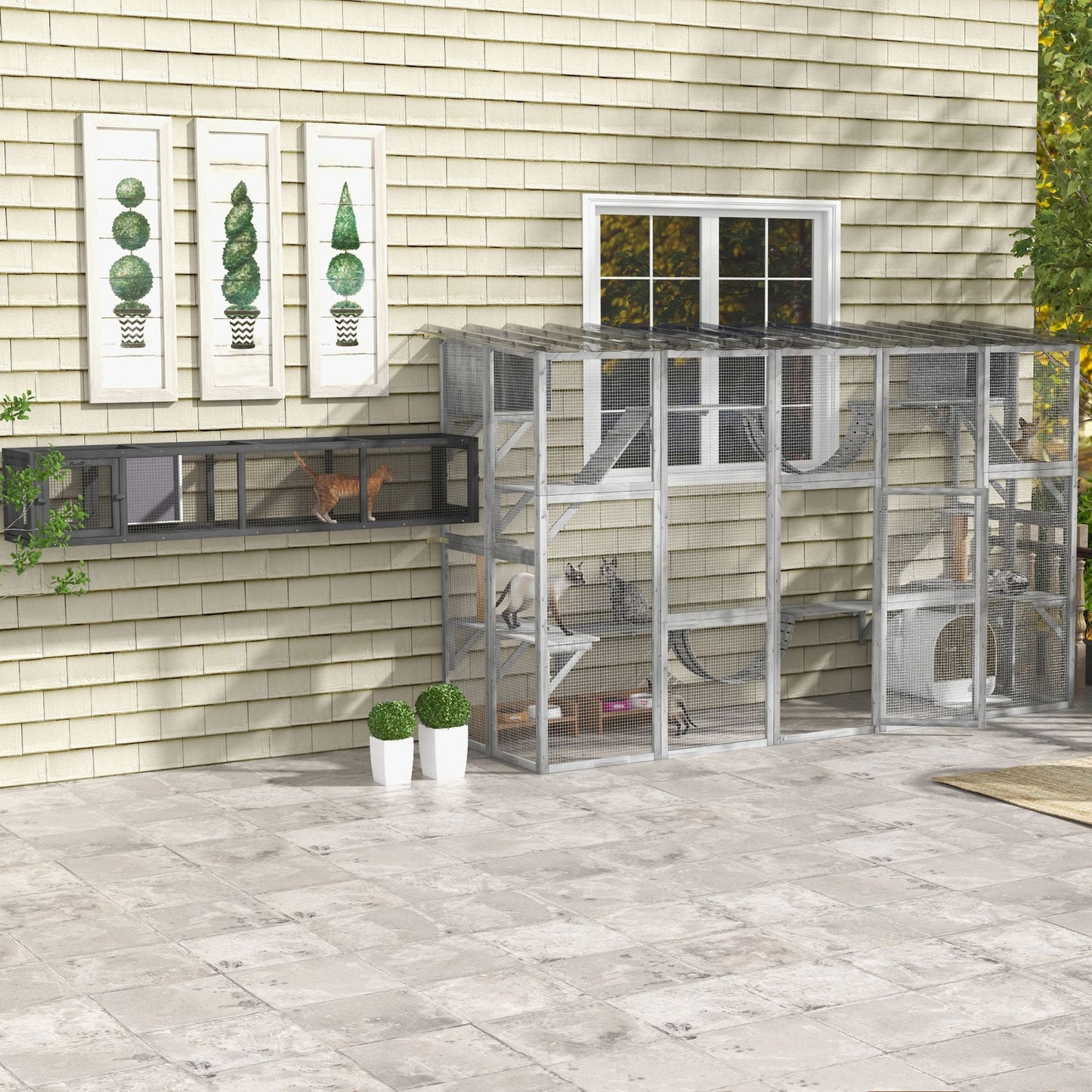 Outdoor large cat enclosure attached to house with multiple levels and ramps for pets