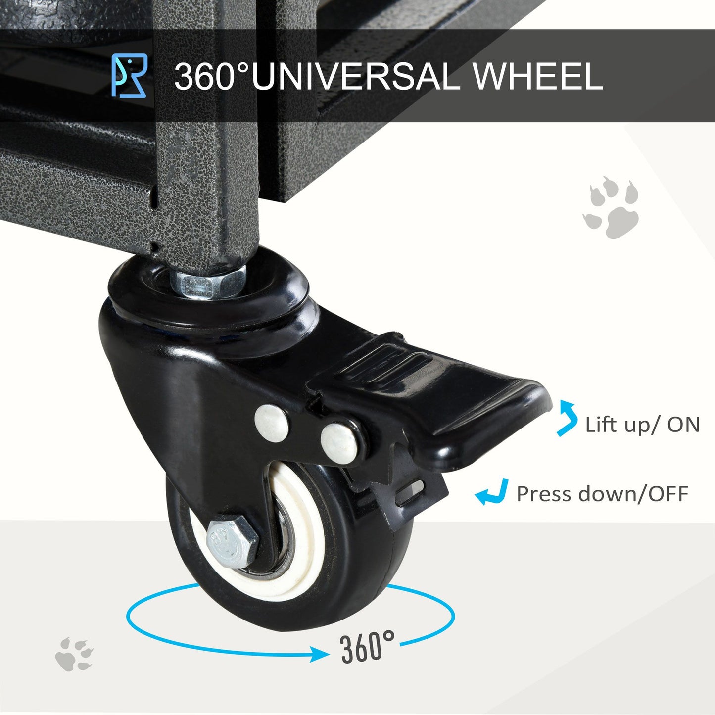 Close-up of 360-degree universal locking wheel on a heavy duty dog crate with wheels