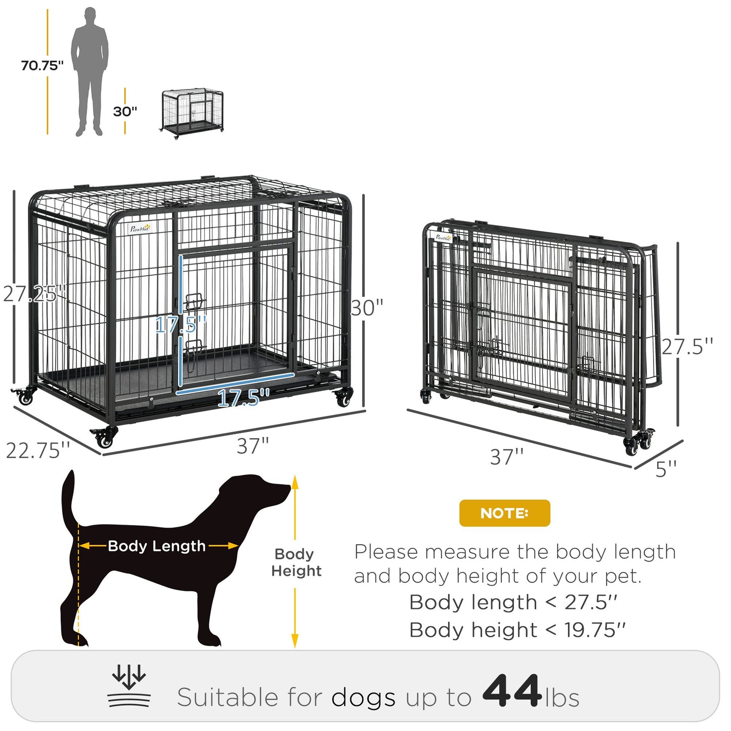 Heavy duty dog crate with wheels by PawCounter.com, measuring 37 by 30 inches, suitable for dogs up to 44 pounds