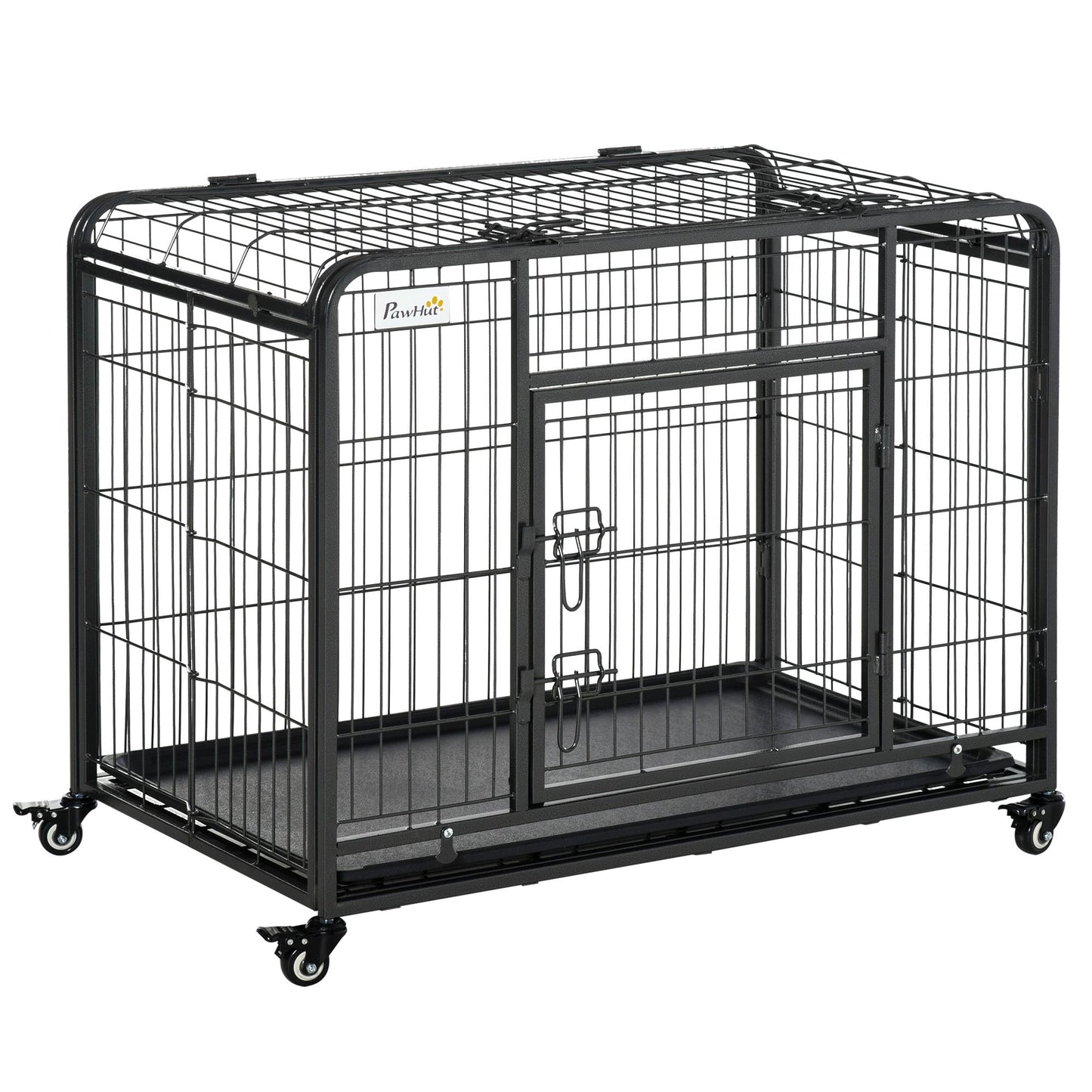 Heavy duty dog crate with wheels in black metal frame by PawCounter.com for secure pet containment