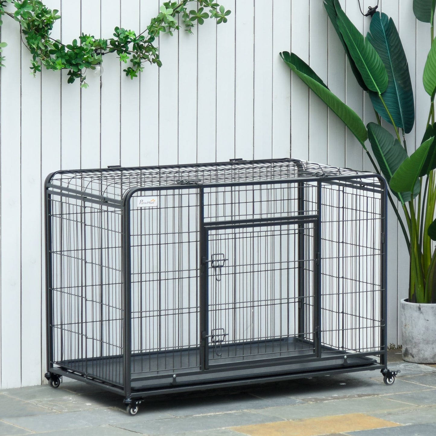 Heavy duty dog crate with wheels in black metal wire frame suitable for large dogs