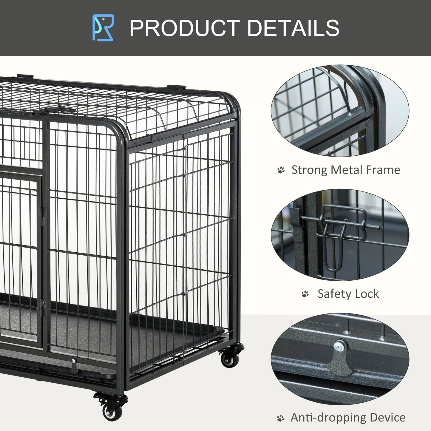 Heavy duty dog crate with wheels featuring strong metal frame safety lock and anti-dropping device