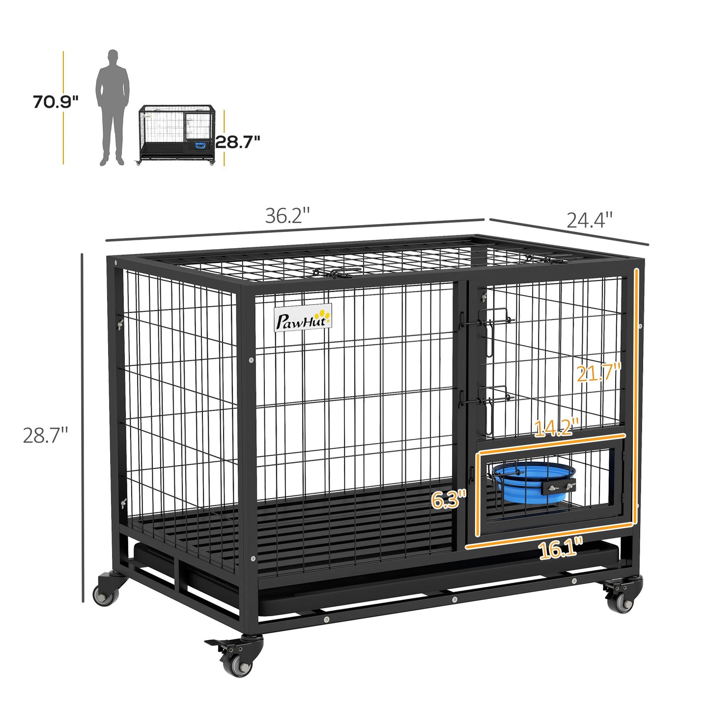 Heavy duty metal dog kennel with secure latch, wheels for mobility, and feeding door by PawCounter.com