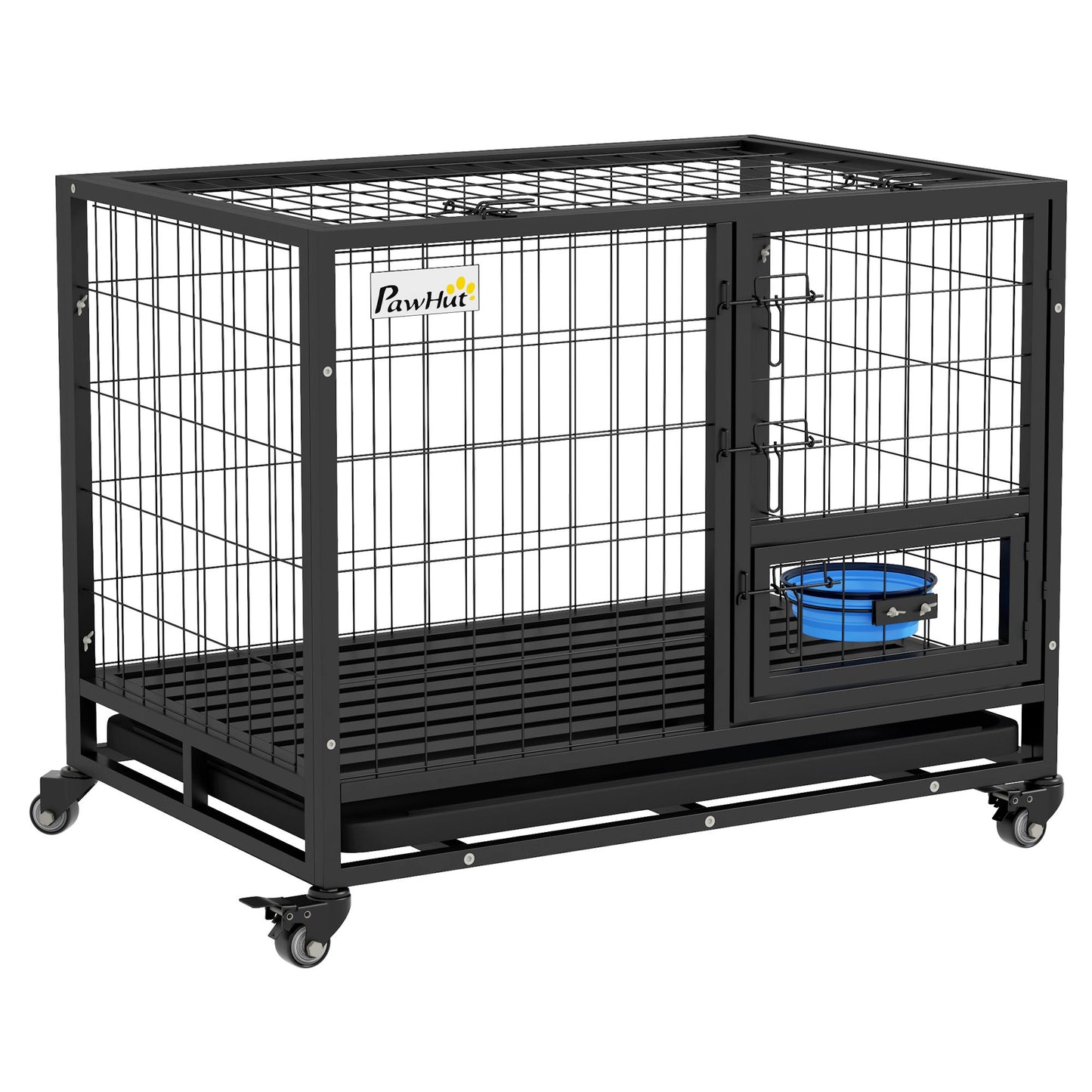 Heavy duty metal dog kennel with black frame, secure latch, removable tray, and blue water bowl on wheels