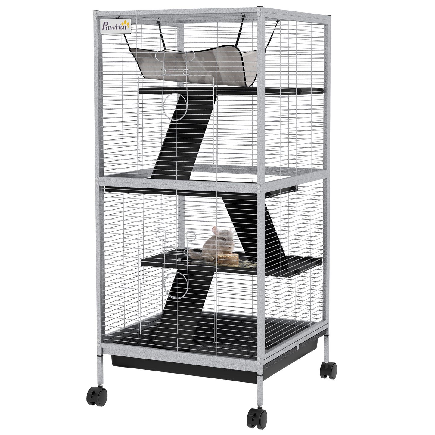 Large ferret cage with wheels featuring multiple levels and resting hammock by PawCounter.com